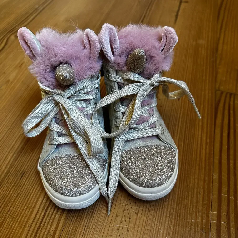 Cat & Jack Angelynn beige glitter fur unicorn high top sneakers SIZE 7‎ - Picture 6 of 6